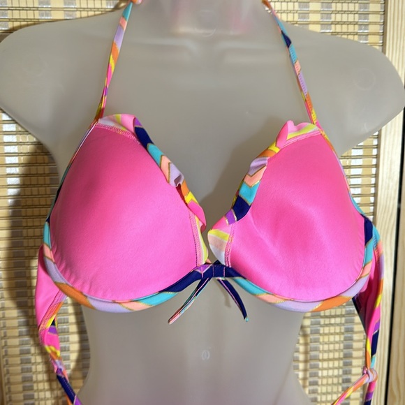 Victoria's Secret 2 Piece Bikini Bright Rainbow Chevron Stripes Halter Top M - Picture 12 of 16